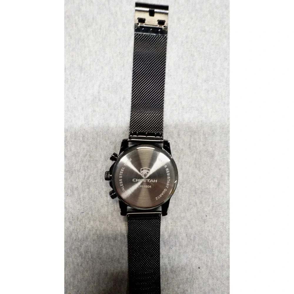 NIB Cheetah CH-1604 Mens Sport Black Mesh Stainless Steel Chronograph Watch 42mm